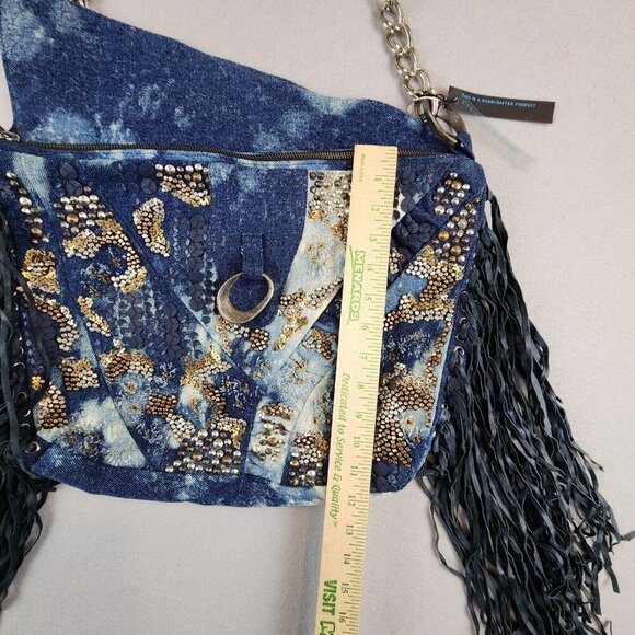 Cecilia De Bucourt Harrow Studded Denim Hobo Tote Distressed Leather Fringe‎ NEW - Picture 9 of 16